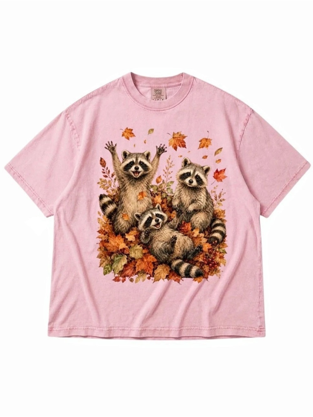 Comfort Colors Blossom Spun Tee with Raccoon Autumn Leaves Graphic